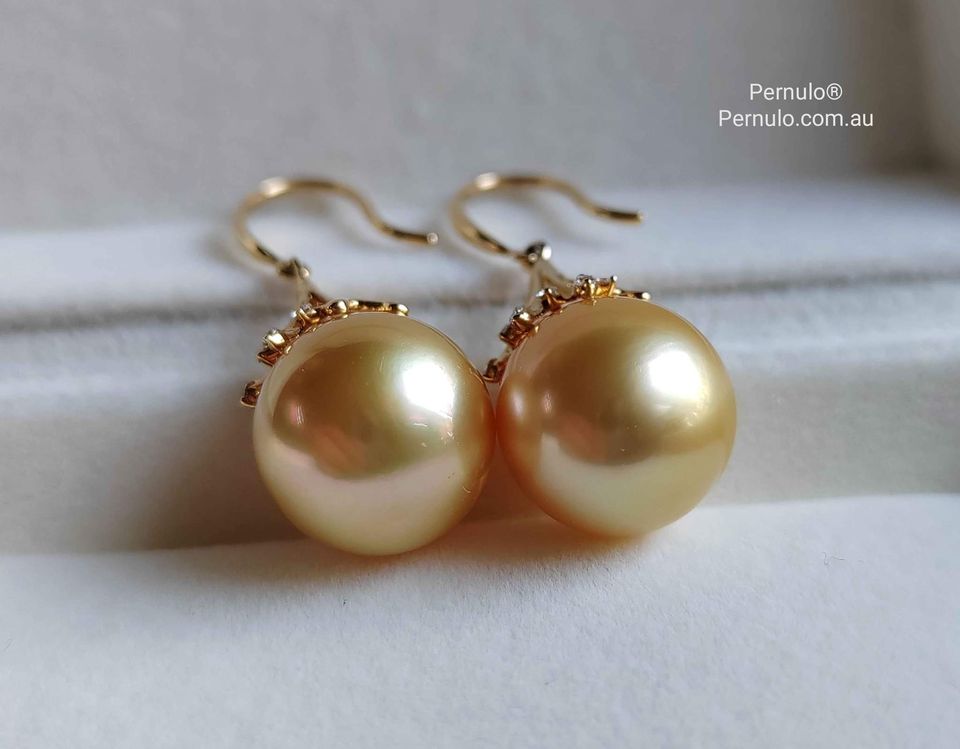 'Fireworks' 18k gold diamond earrings genuine golden south sea pearls 12.4mm AAAA