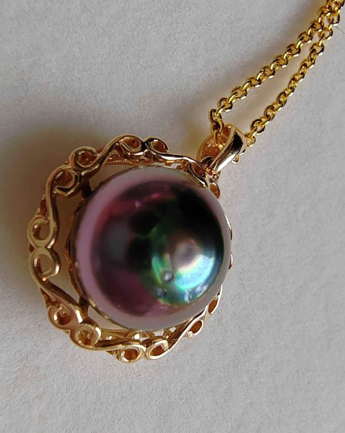 'The eye of Phoneix' 18k gold pendant genuine tahitian south sea pearl 11.5mm