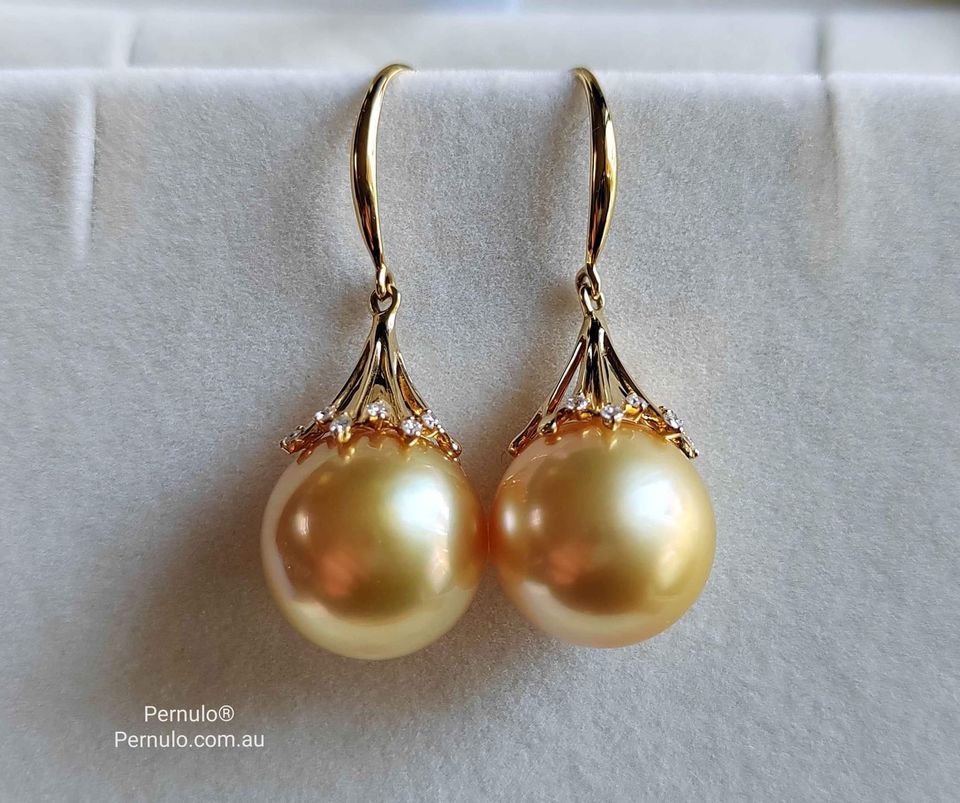'Fireworks' 18k gold diamond earrings genuine golden south sea pearls 12.4mm AAAA