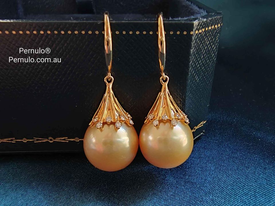 'Fireworks' 18k gold diamond earrings genuine golden south sea pearls 12.4mm AAAA