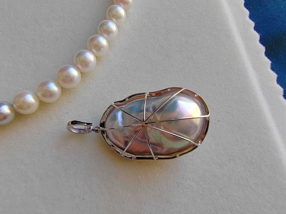 'Lueur du soir' necklace 18k white gold diamond genuine Japanese akoya and freshwater pearl