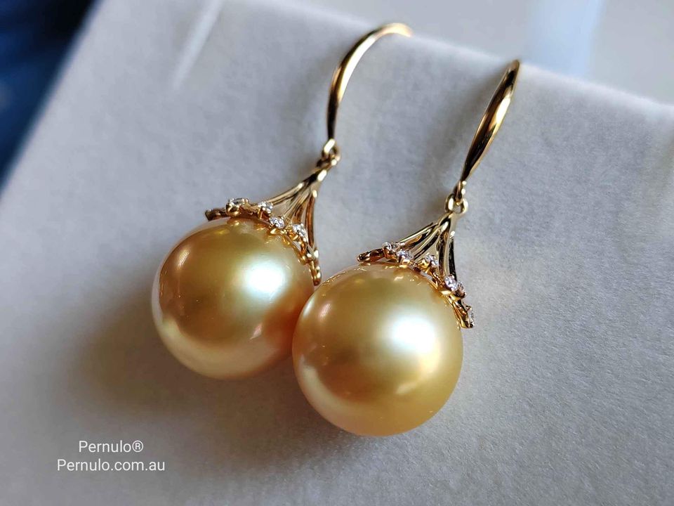 'Fireworks' 18k gold diamond earrings genuine golden south sea pearls 12.4mm AAAA