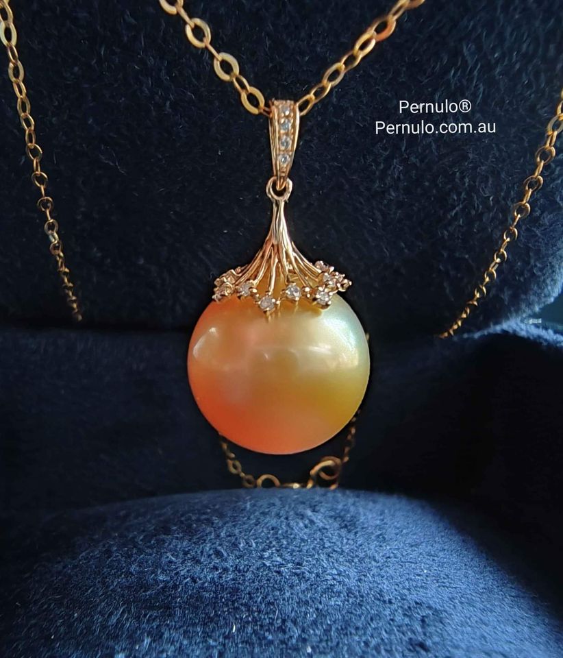 'Fireworks' 18k gold diamond pendant genuine golden south sea pearl 13mm AAA+
