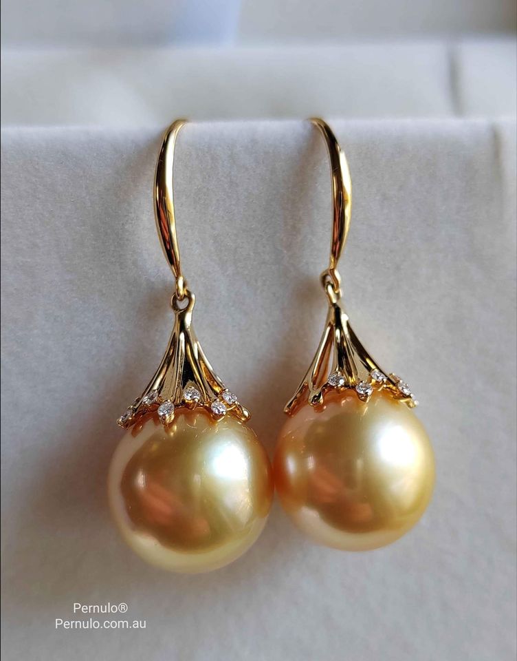 'Fireworks' 18k gold diamond earrings genuine golden south sea pearls 12.4mm AAAA