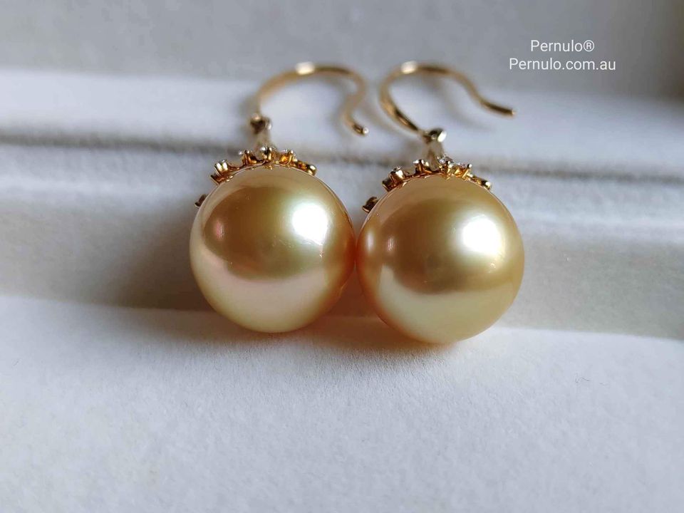 'Fireworks' 18k gold diamond earrings genuine golden south sea pearls 12.4mm AAAA