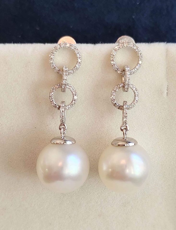 'La perfection' earrings 18k white gold diamonds genuine south sea white pearls 12.4mm AAA+