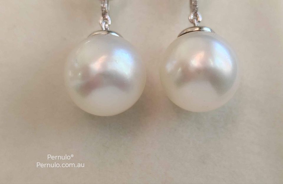 'La perfection' earrings 18k white gold diamonds genuine south sea white pearls 12.4mm AAA+