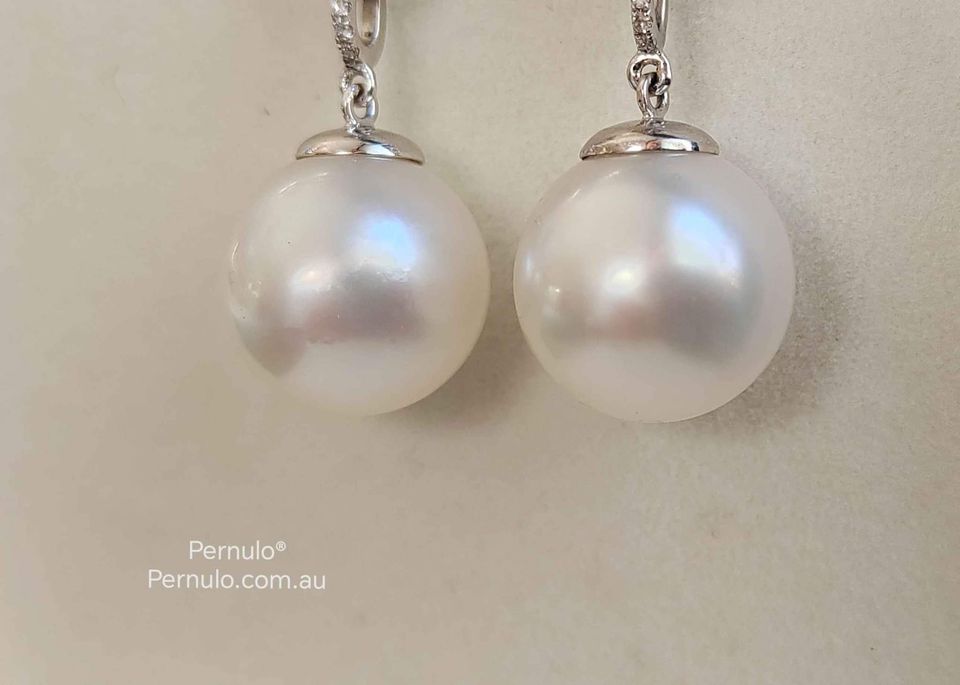 'La perfection' earrings 18k white gold diamonds genuine south sea white pearls 12.4mm AAA+