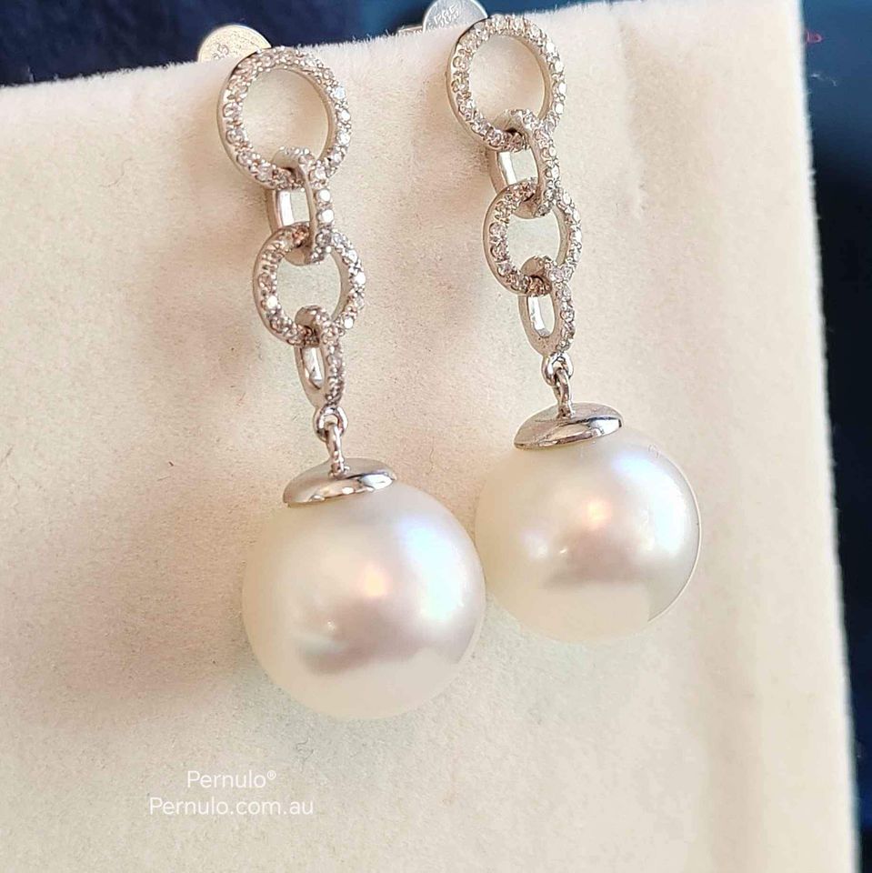 'La perfection' earrings 18k white gold diamonds genuine south sea white pearls 12.4mm AAA+