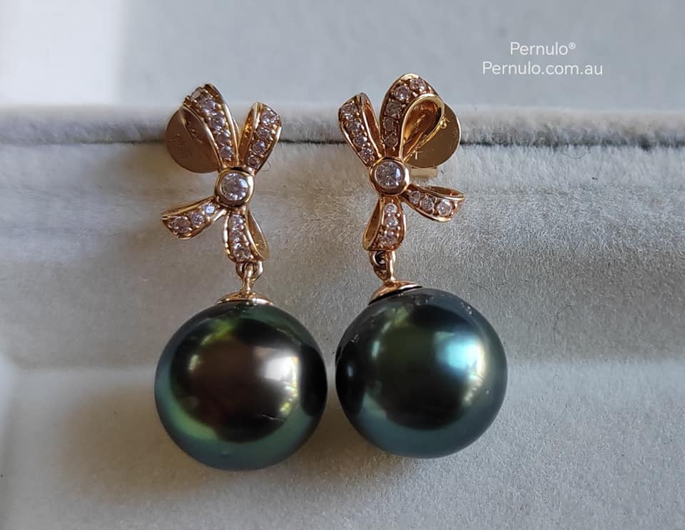 'Élégant' earrings 14k gold genuine tahitian south sea pearls 10mm