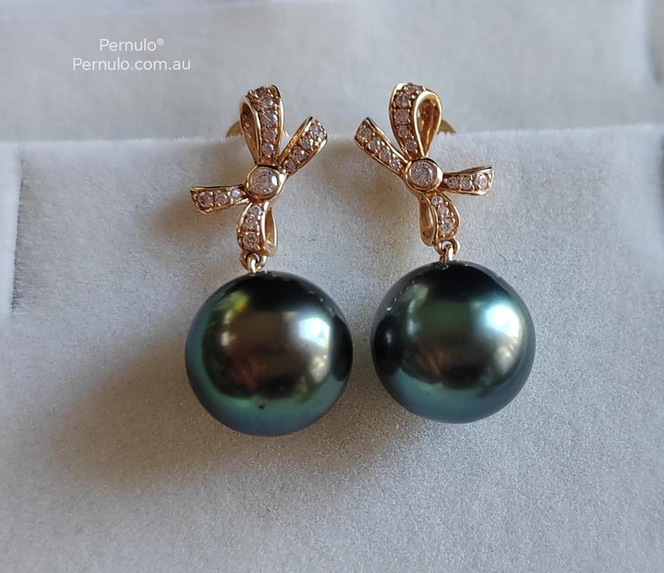 'Élégant' earrings 14k gold genuine tahitian south sea pearls 10mm