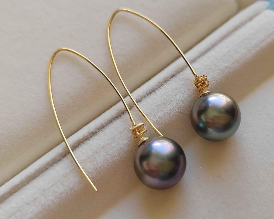 'The swamphen' 9k gold earrings genuine tahitian south sea round pearls 10.3mm