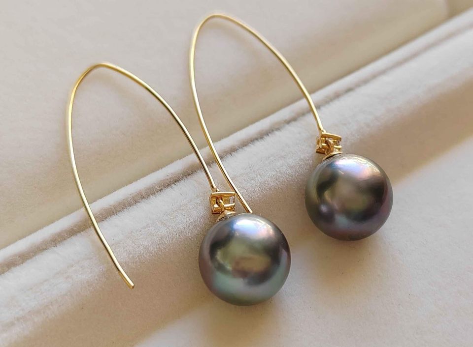 'The swamphen' 9k gold earrings genuine tahitian south sea round pearls 10.3mm