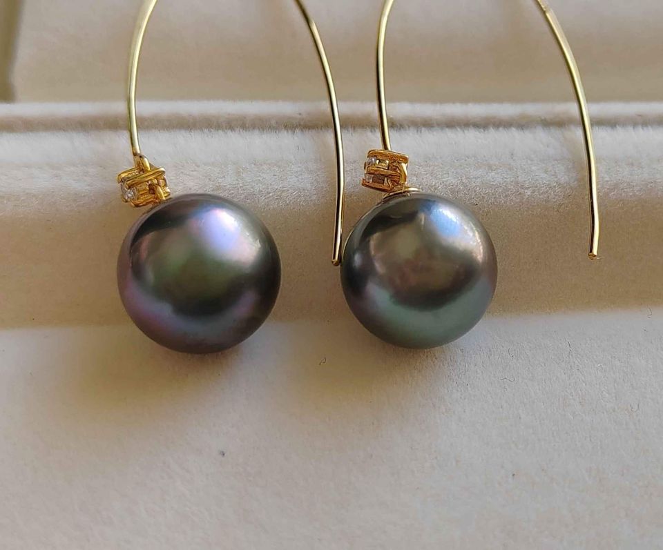 'The swamphen' 9k gold earrings genuine tahitian south sea round pearls 10.3mm