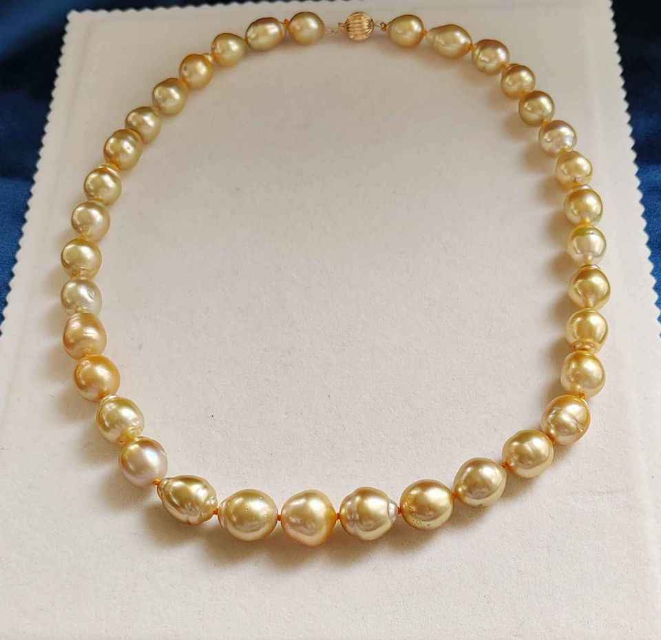10.2-13mm Genuine golden south sea baroque pearls 14k gold necklace 50cm