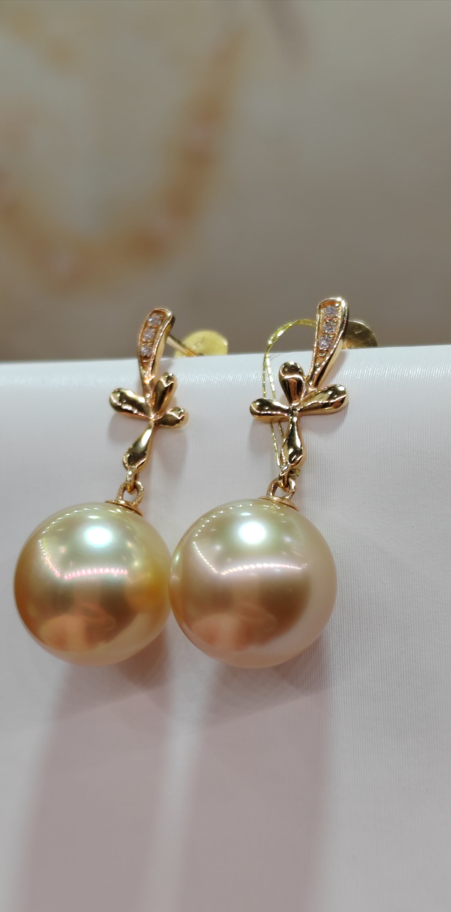 'Golden Lily' 18ct gold diamond earrings genuine golden south sea pearls round 10.6mm AAAA