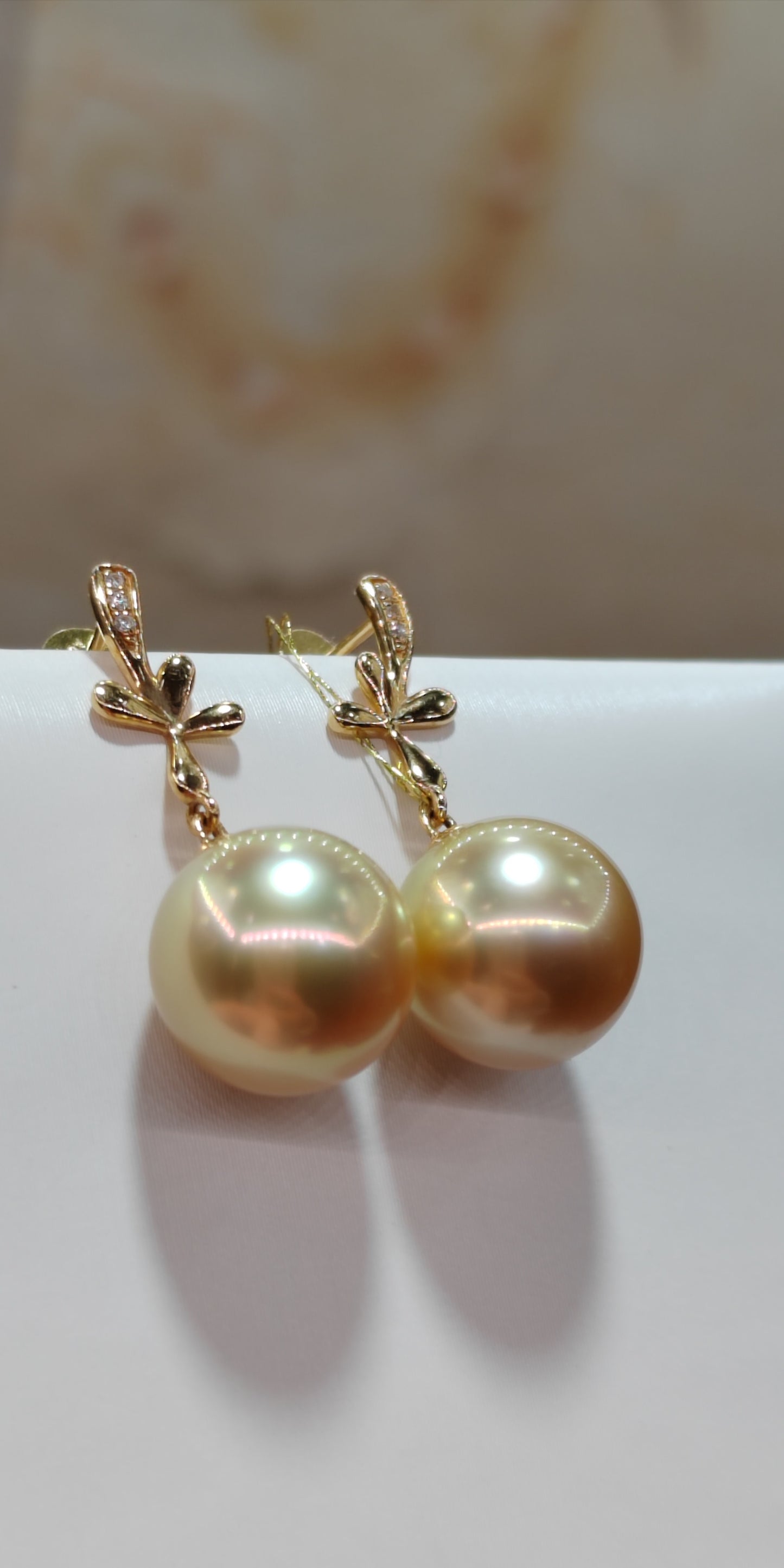 'Golden Lily' 18ct gold diamond earrings genuine golden south sea pearls round 10.6mm AAAA