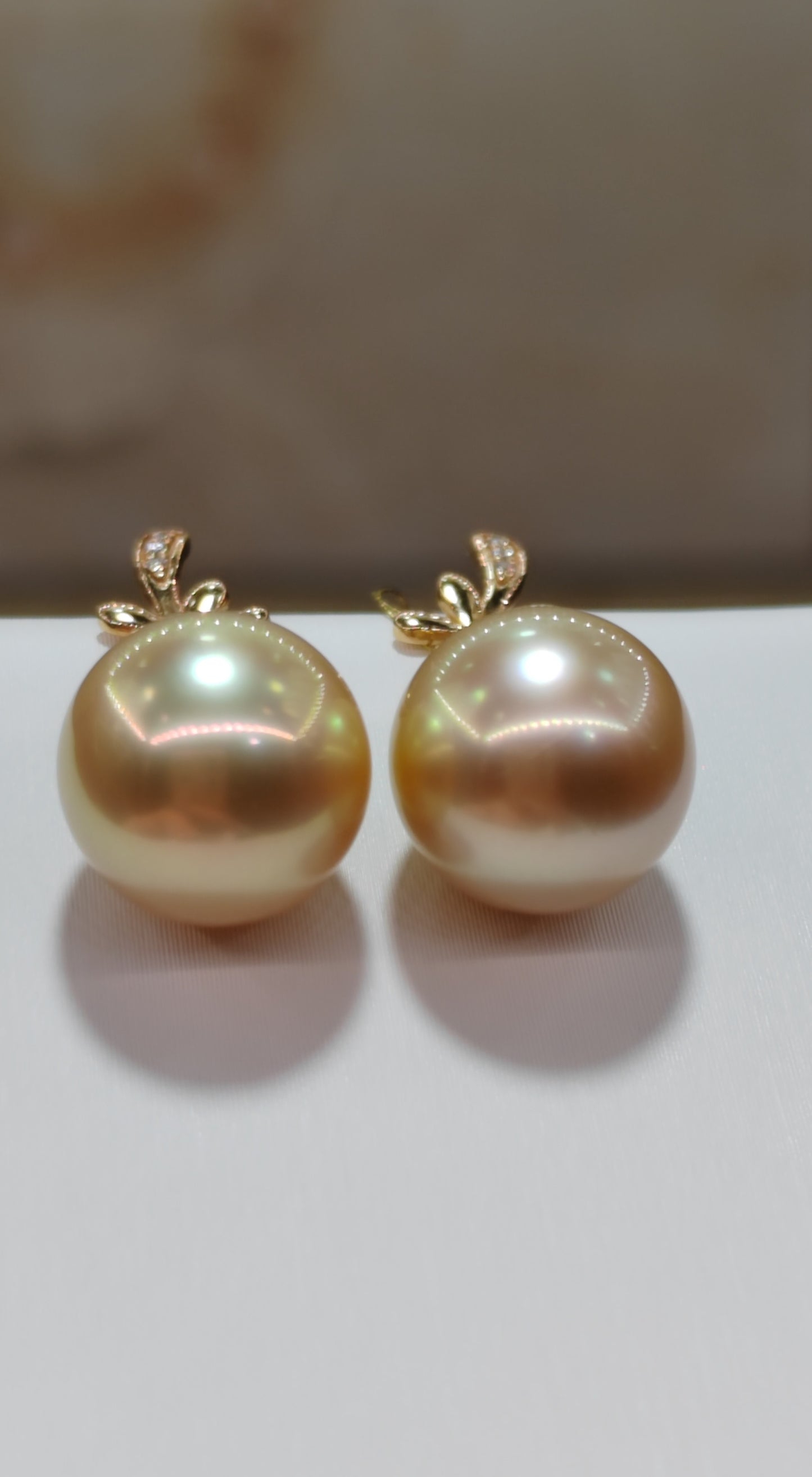 'Golden Lily' 18ct gold diamond earrings genuine golden south sea pearls round 10.6mm AAAA