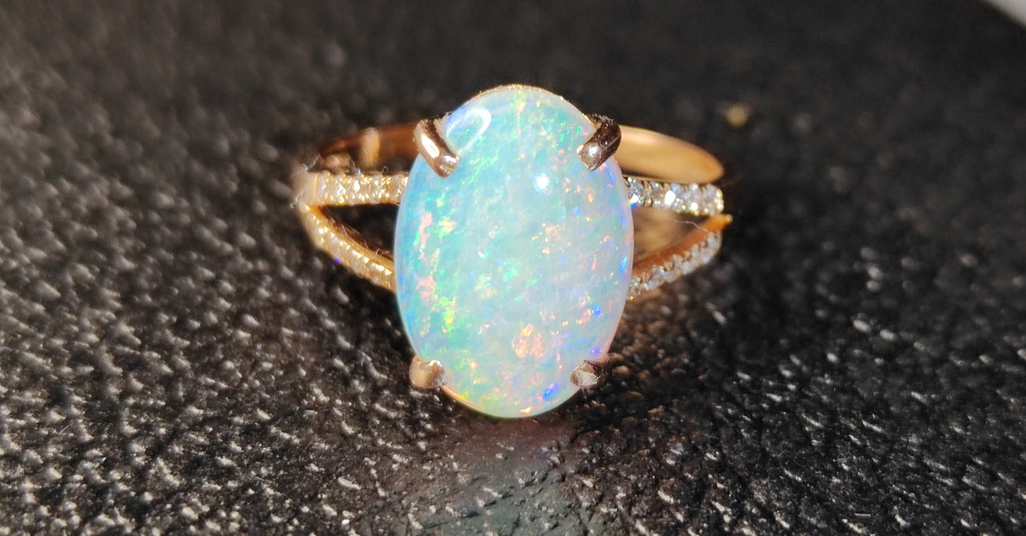 'Spring in Giverny' 2.2ct Solid Australian Crystal opal 18ct rose gold diamonds ring M1/2