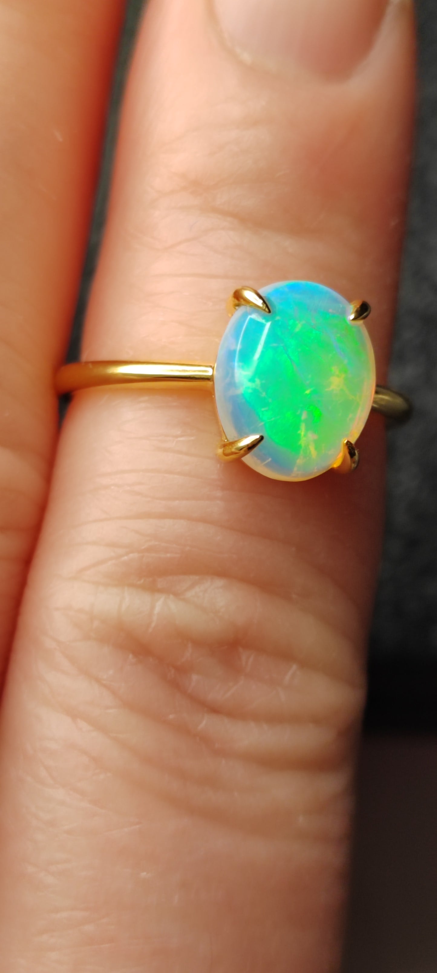 'Green Fairy' 1.73ct Solid Australian Crystal opal 14ct gold solitaire ring