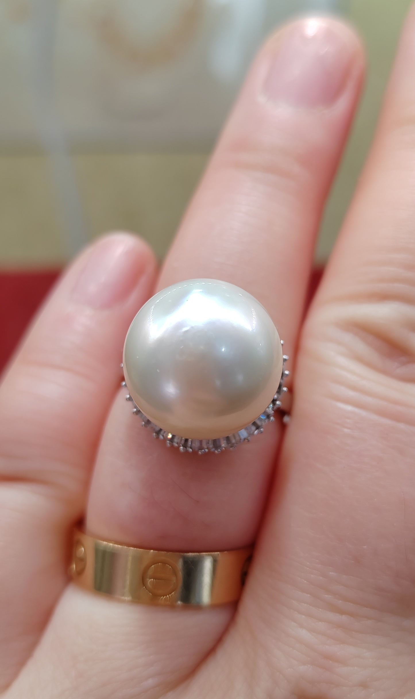 Clearance💝 18ct white gold ring genuine south sea white pearl 15.3mm size P 1/2