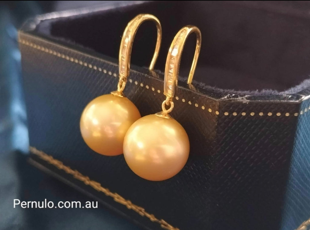 18ct gold diamond classic dangle earrings genuine golden south sea pearls 11.2mm AAA