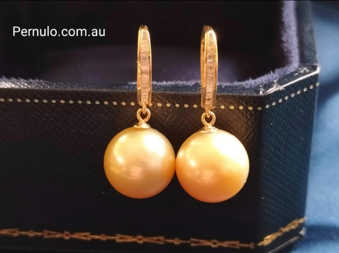 18ct gold diamond classic dangle earrings genuine golden south sea pearls 11.2mm AAA
