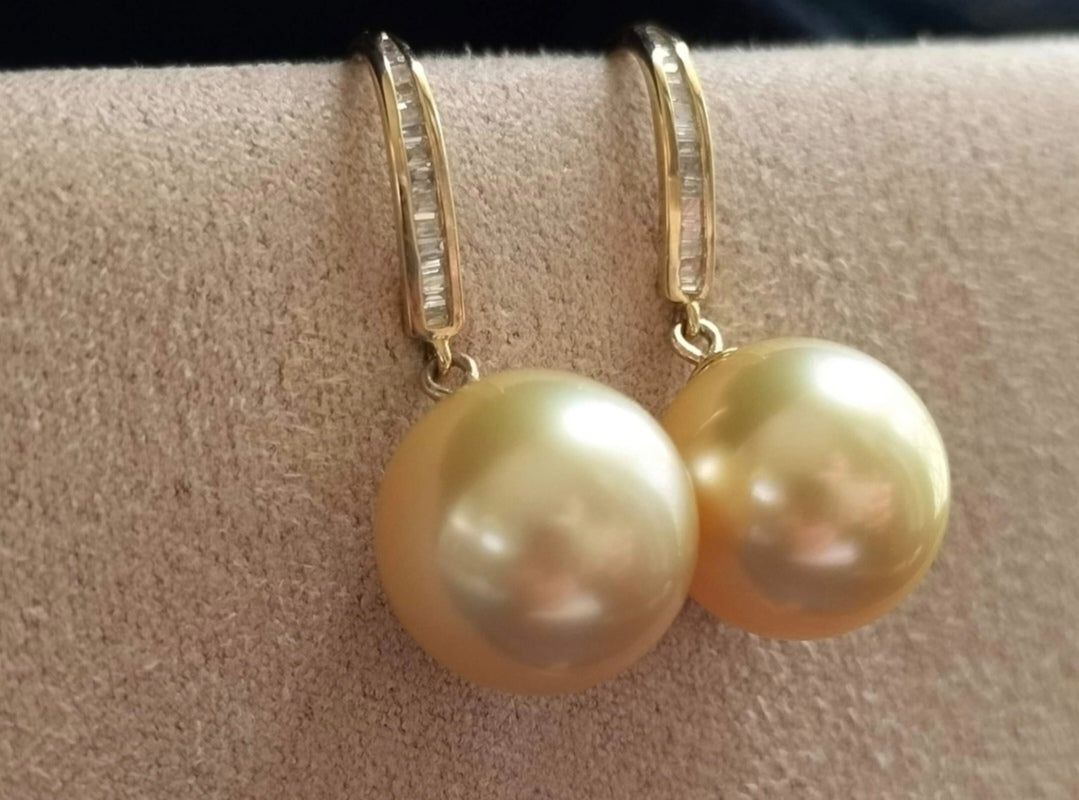 18ct gold diamond classic dangle earrings genuine golden south sea pearls 11.2mm AAA