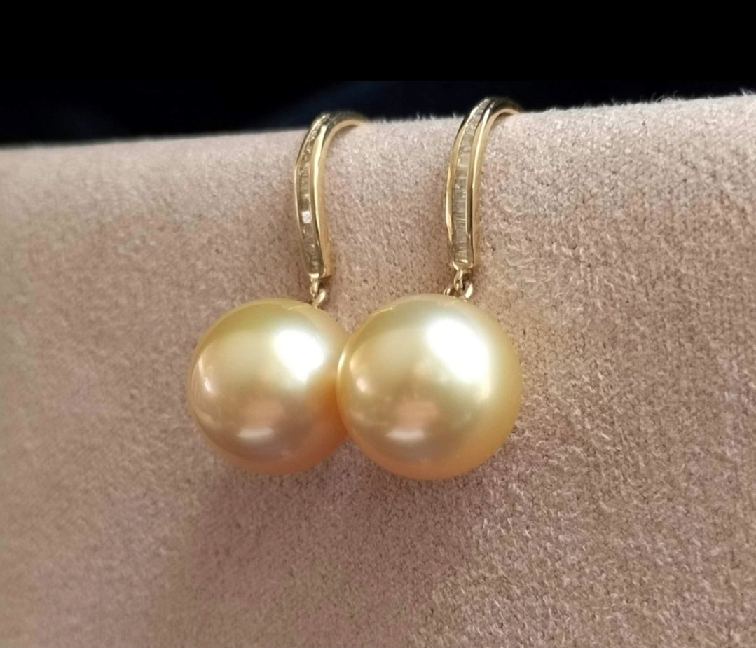 18ct gold diamond classic dangle earrings genuine golden south sea pearls 11.2mm AAA