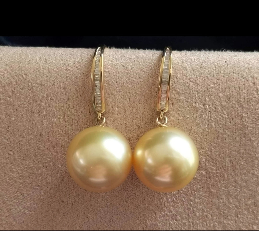 18ct gold diamond classic dangle earrings genuine golden south sea pearls 11.2mm AAA