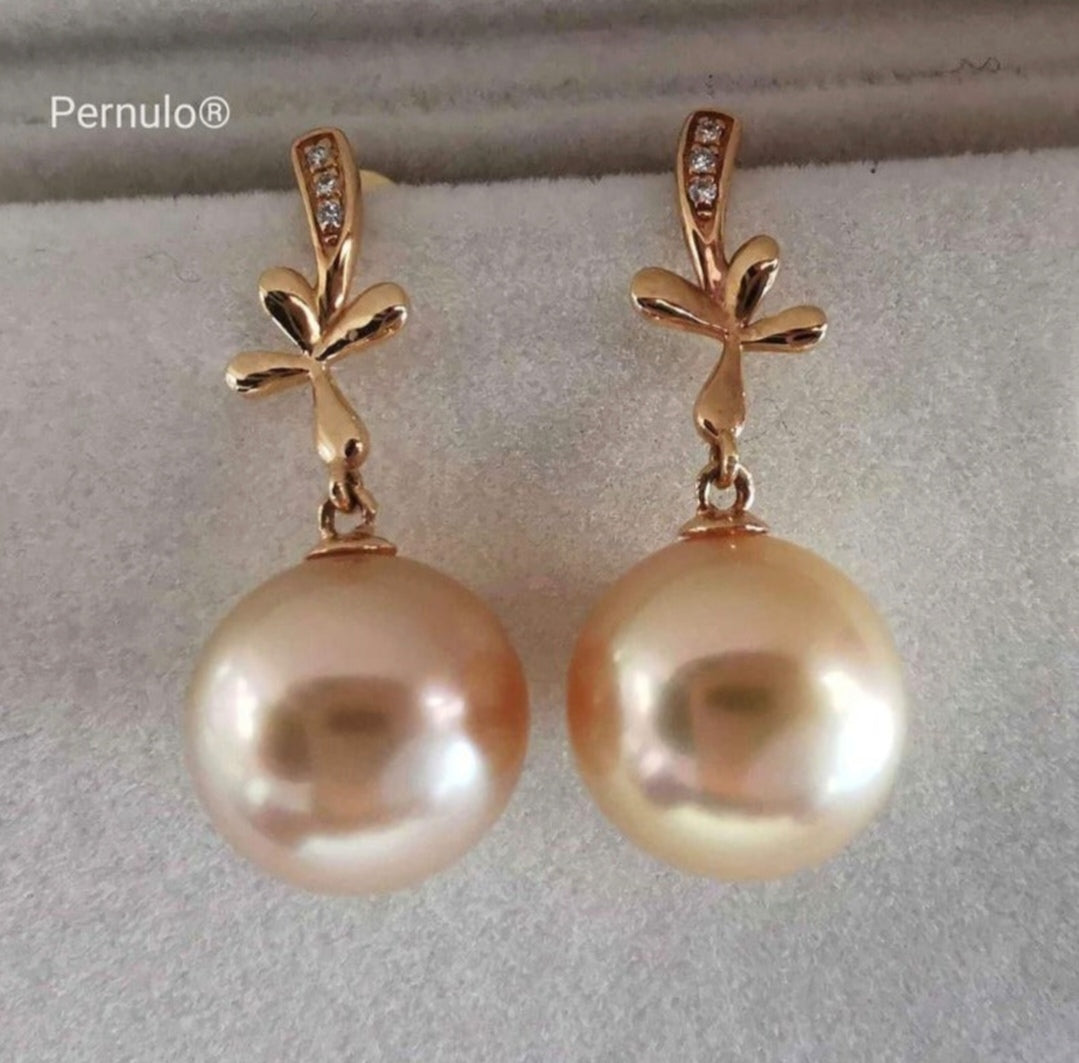 'Golden Lily' 18ct gold diamond earrings genuine golden south sea pearls round 10.6mm AAAA