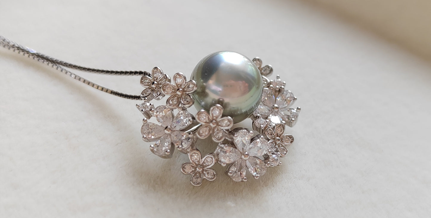 'Moon flowers' necklace genuine tahitian south sea pearl 9.4mm