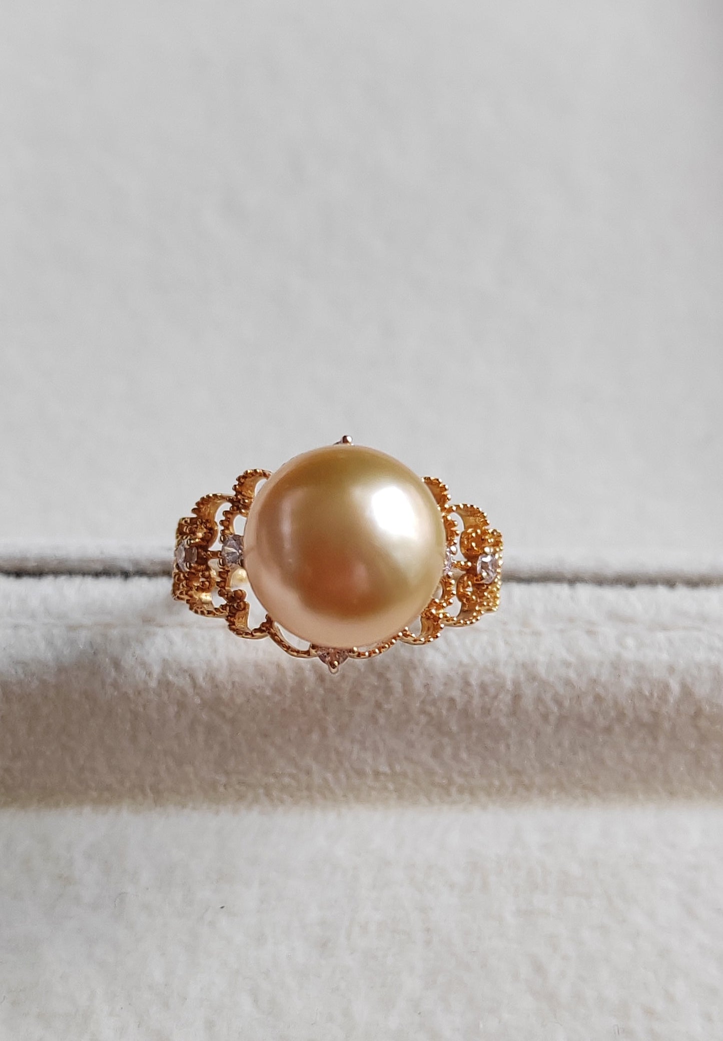Golden lacy ring 18k gold genuine golden south sea round pearl 10.4mm AAA+ size L