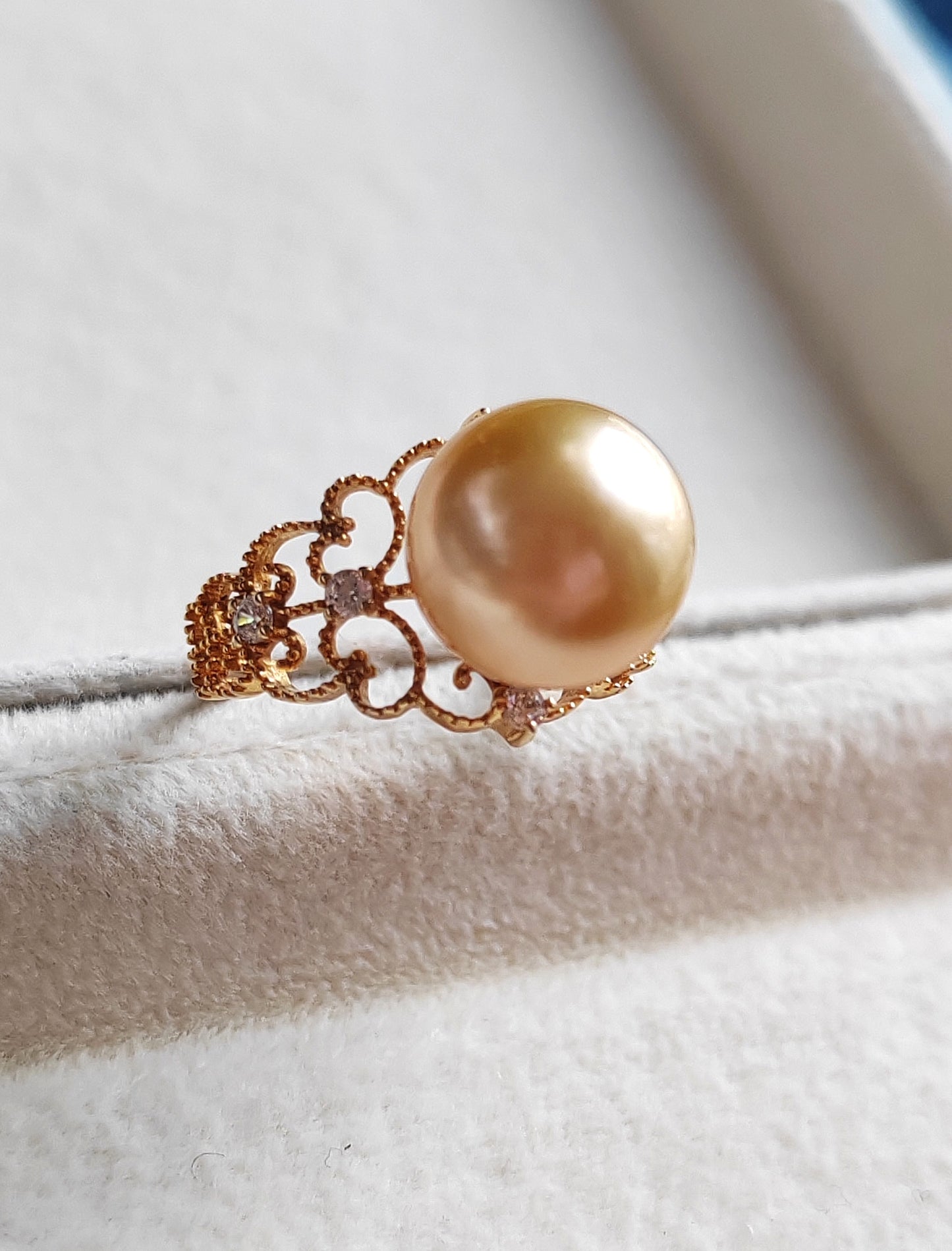 Golden lacy ring 18k gold genuine golden south sea round pearl 10.4mm AAA+ size L
