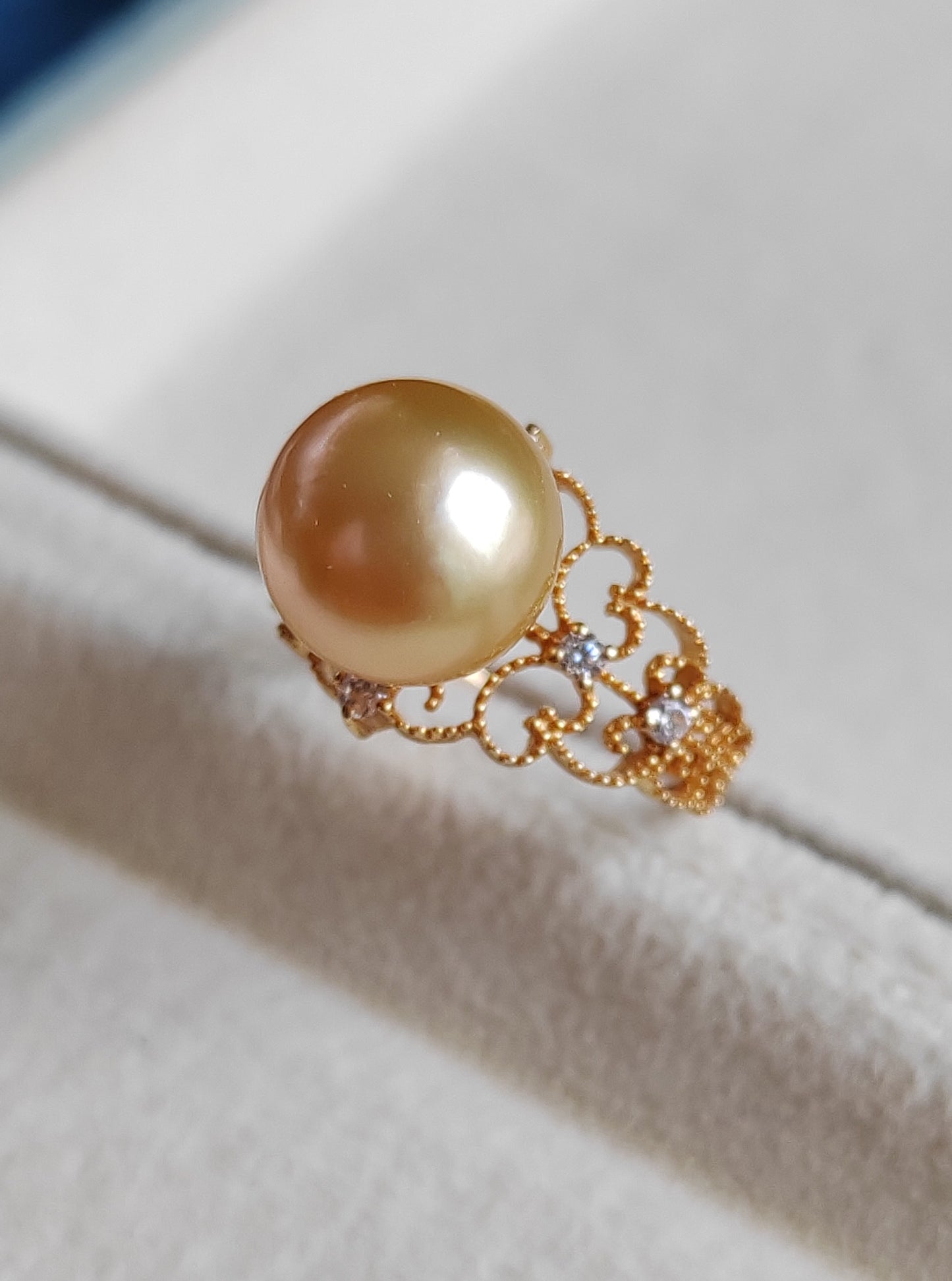 Golden lacy ring 18k gold genuine golden south sea round pearl 10.4mm AAA+ size L