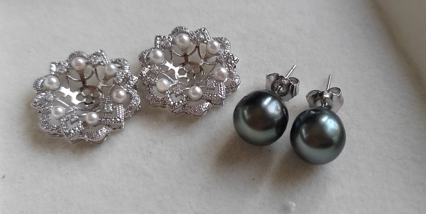 'Dahlia' Two-way earrings genuine tahitian south sea and akoya pearls