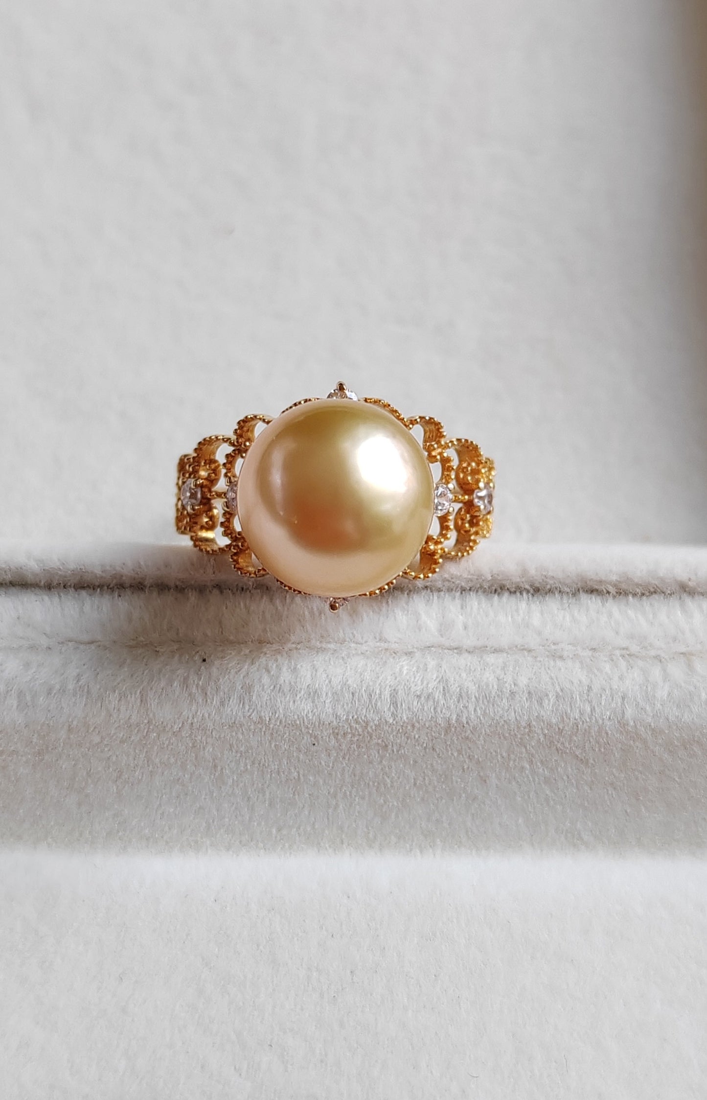 Golden lacy ring 18k gold genuine golden south sea round pearl 10.4mm AAA+ size L