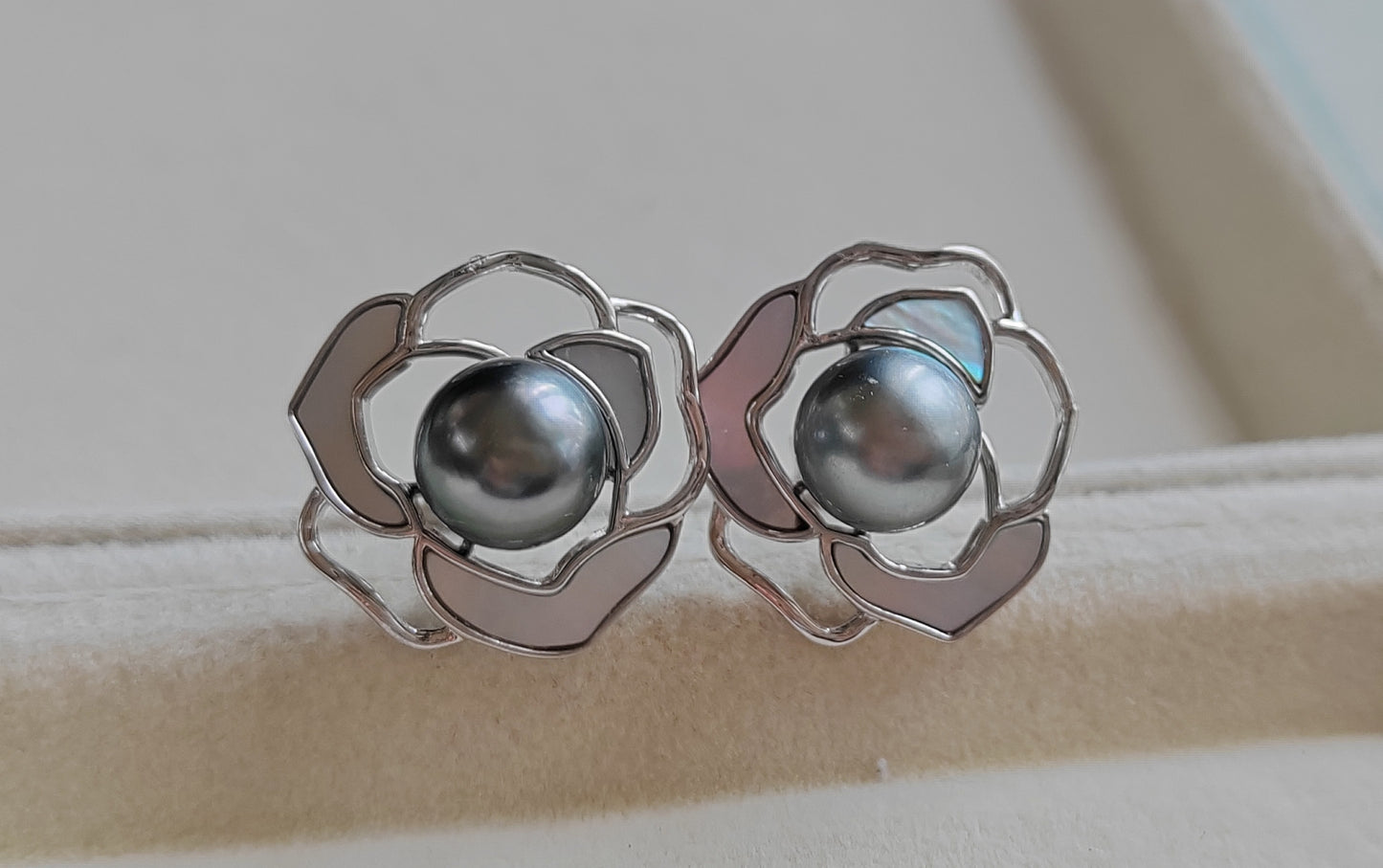 'Silver Camellia' earrings genuine tahitian south sea pearls 8.1mm