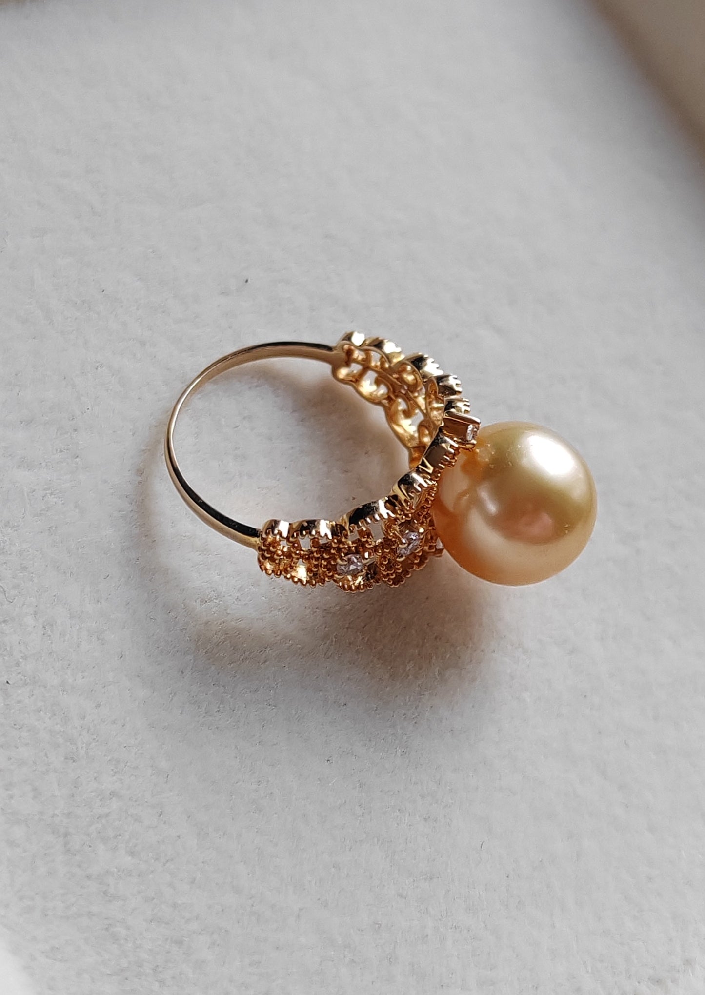 Golden lacy ring 18k gold genuine golden south sea round pearl 10.4mm AAA+ size L