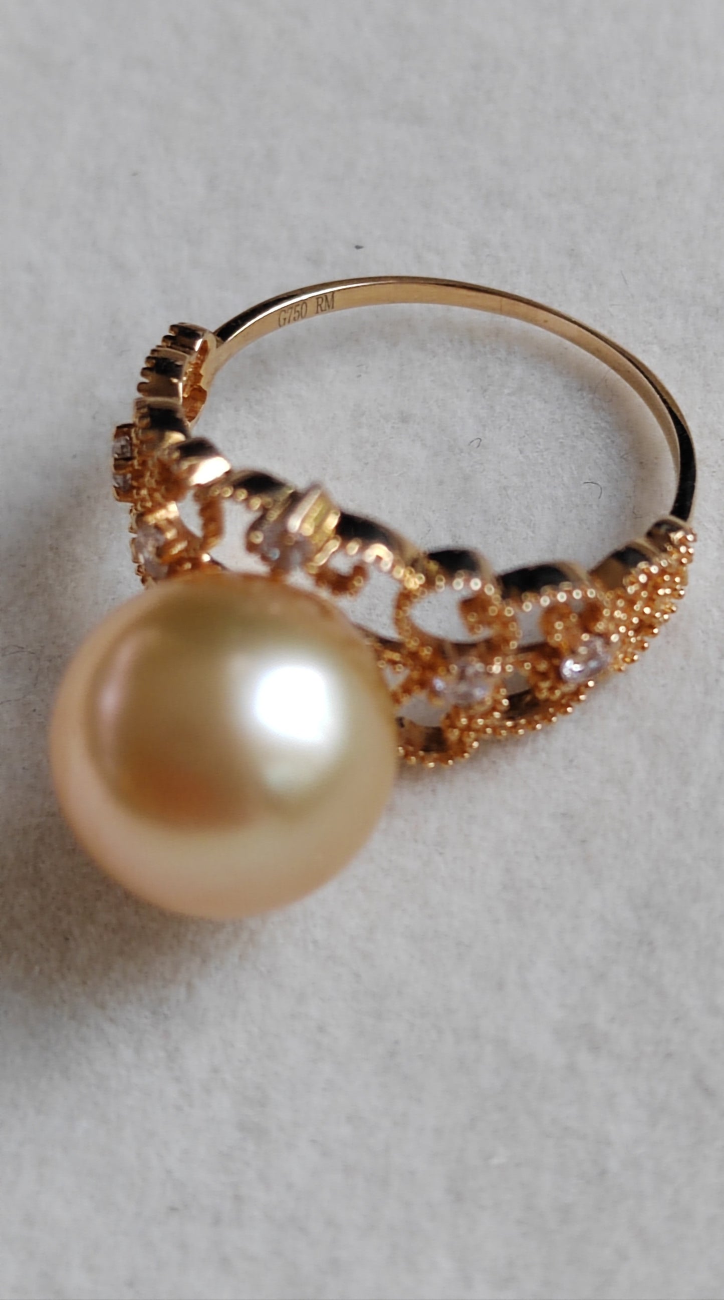 Golden lacy ring 18k gold genuine golden south sea round pearl 10.4mm AAA+ size L