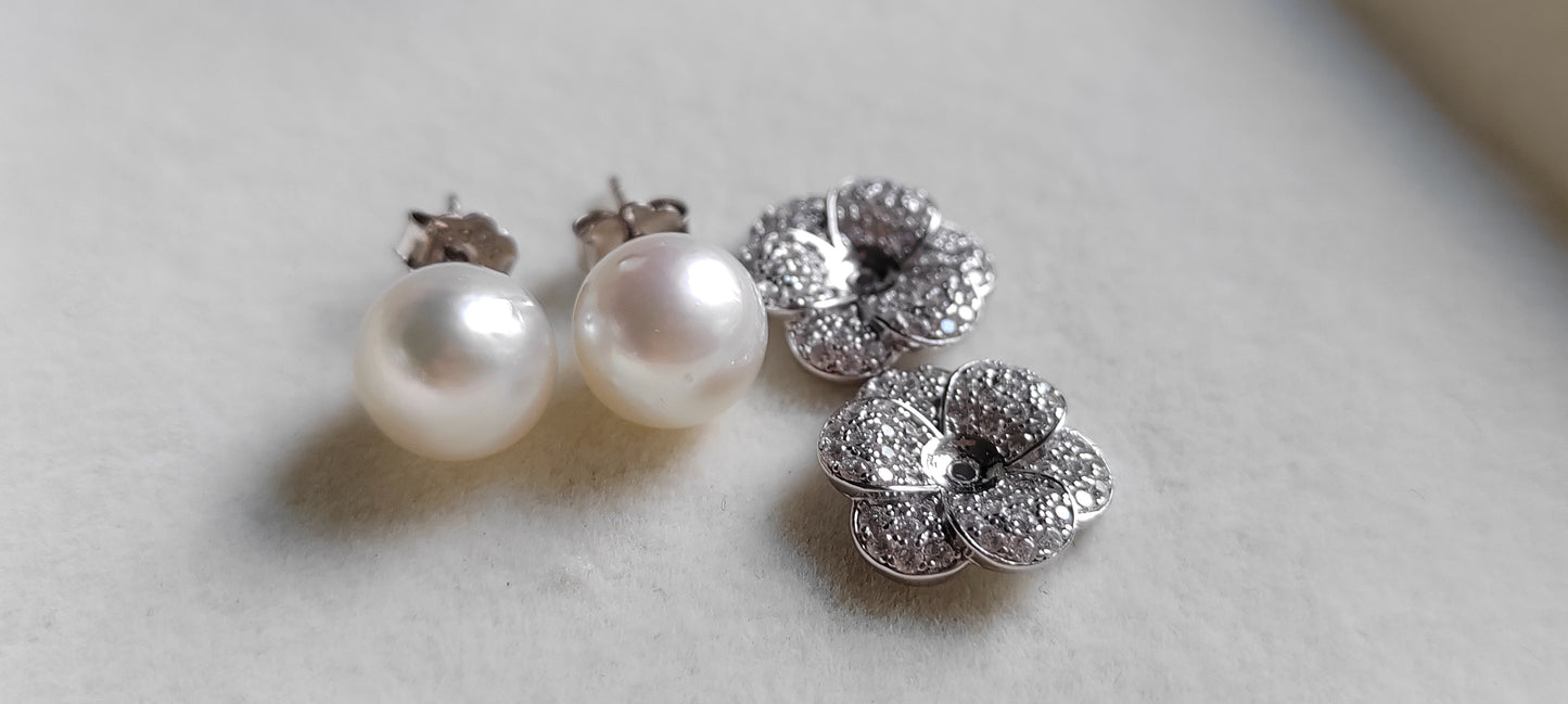'Little Camellia' two-way earrings genuine south sea white pearls 8.6mm Round