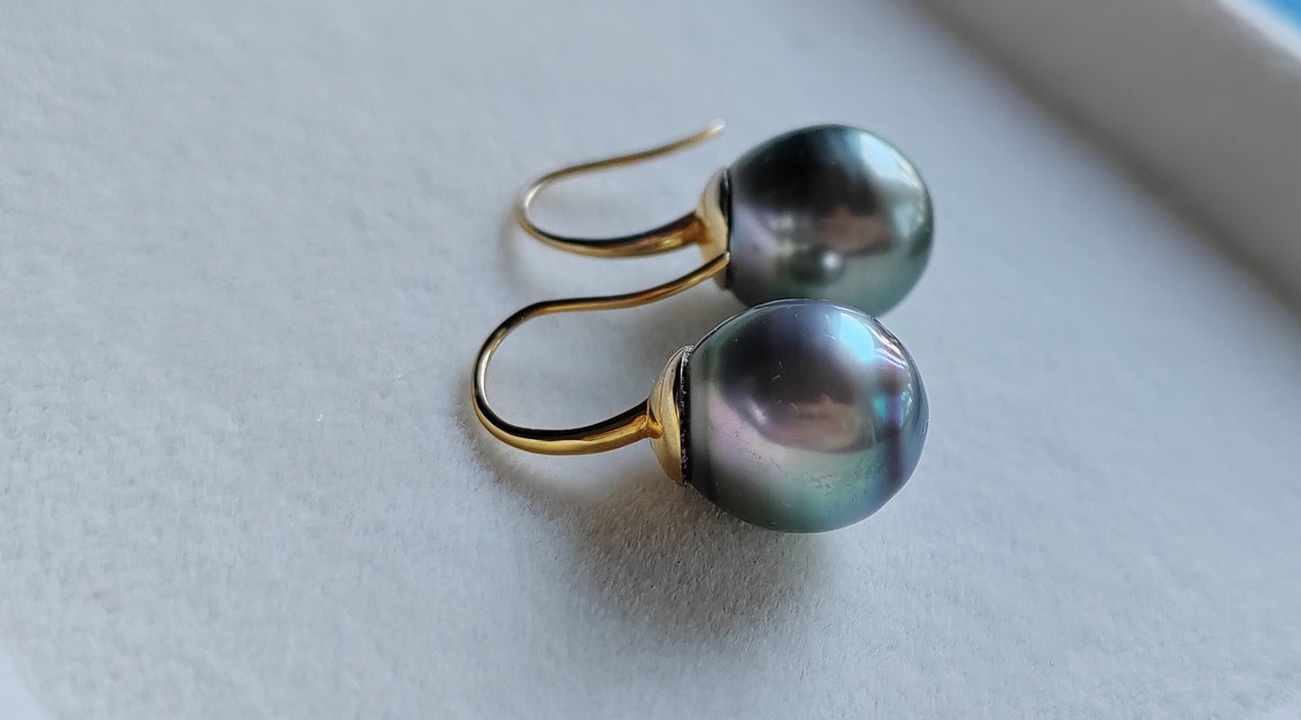 9k gold French hook earrings genuine tahitian south sea pearls 11mm