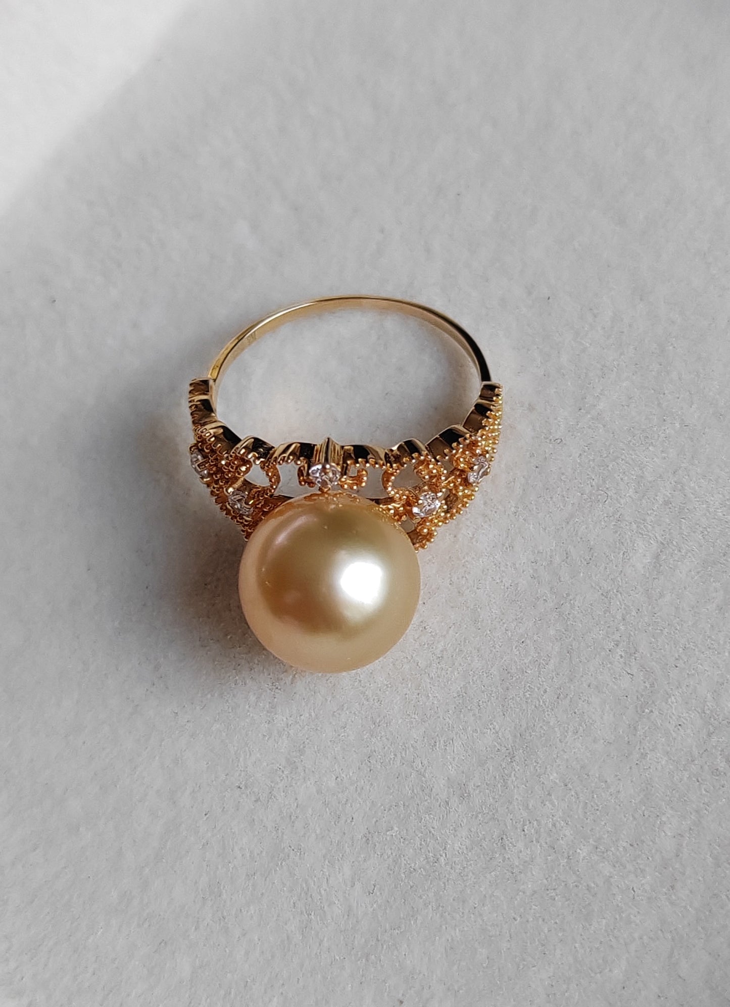 Golden lacy ring 18k gold genuine golden south sea round pearl 10.4mm AAA+ size L