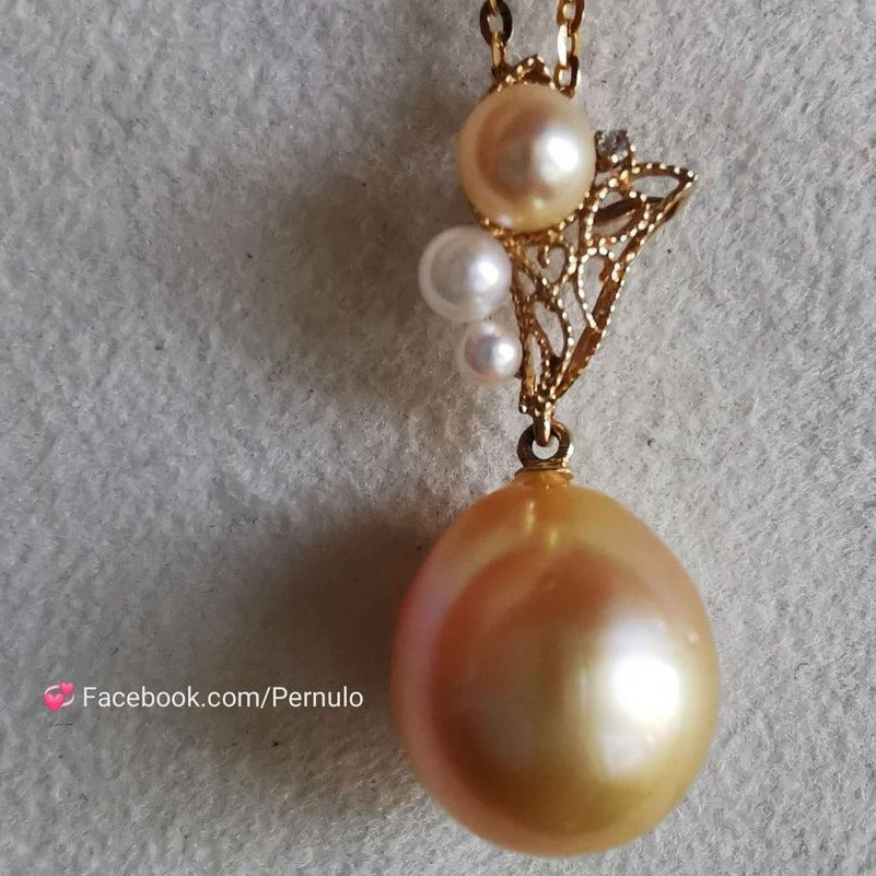 ' Sunset ' 18k gold diamond pendant genuine golden south sea and Japanese akoya pearl 2.4-13mm