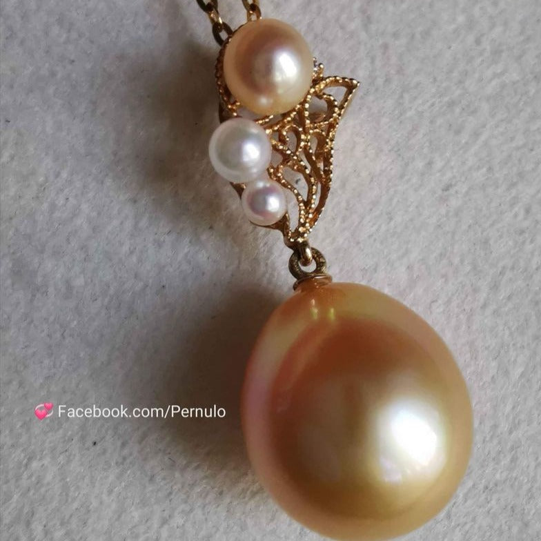' Sunset ' 18k gold diamond pendant genuine golden south sea and Japanese akoya pearl 2.4-13mm