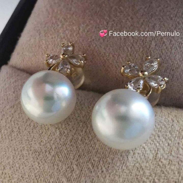 'Shinning Clovers' 14k gold earring genuine south sea white pearl 8.4mm