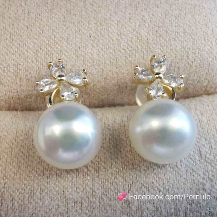 'Shinning Clovers' 14k gold earring genuine south sea white pearl 8.4mm
