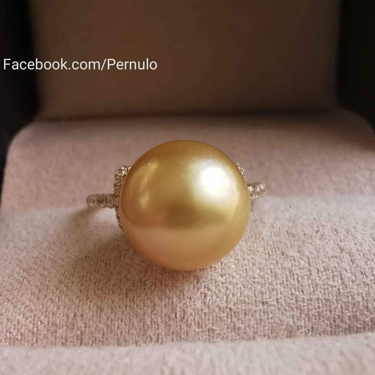 Classic solitaire ring 14k gold genuine golden south sea pearl 10.3mm AAAA size K