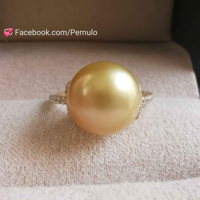 Classic solitaire ring 14k gold genuine golden south sea pearl 10.3mm AAAA size K
