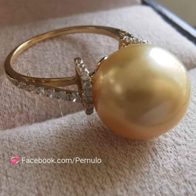 Classic solitaire ring 14k gold genuine golden south sea pearl 10.3mm AAAA size K